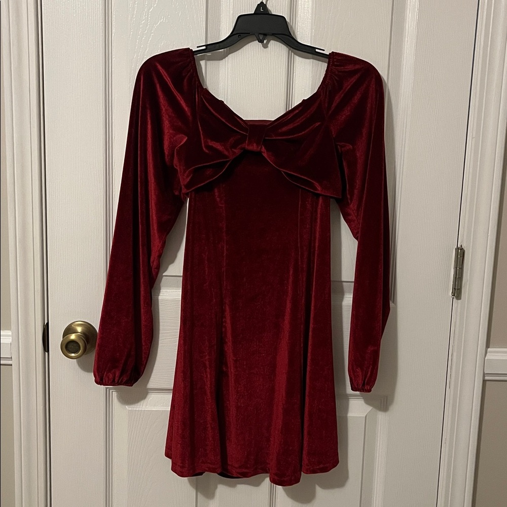 Elegant Red Velvet Dress with Bow